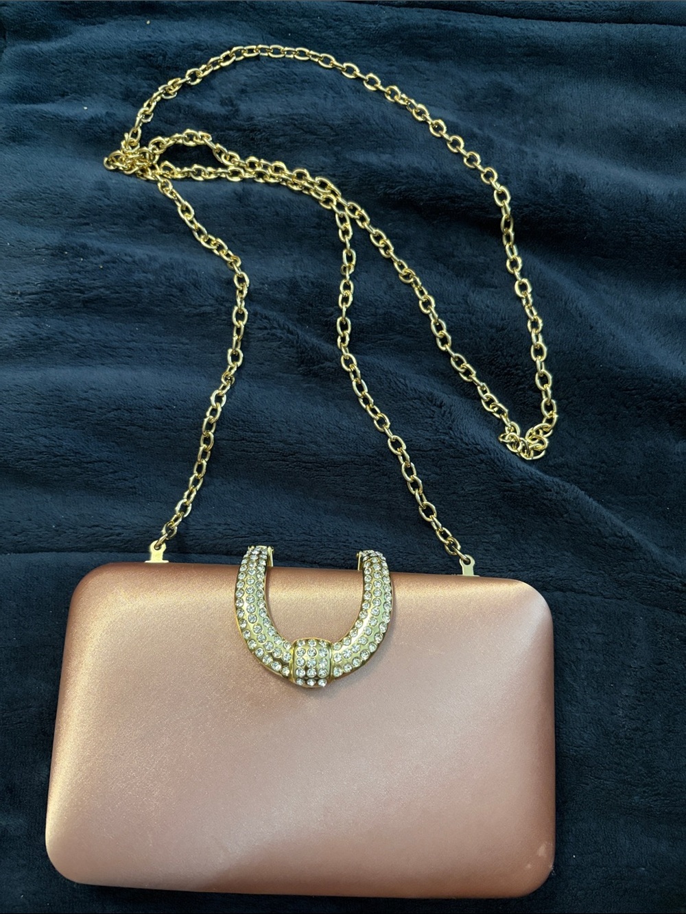 INC Rose Gold Satin Clutch with Crystal Horseshoe Accent